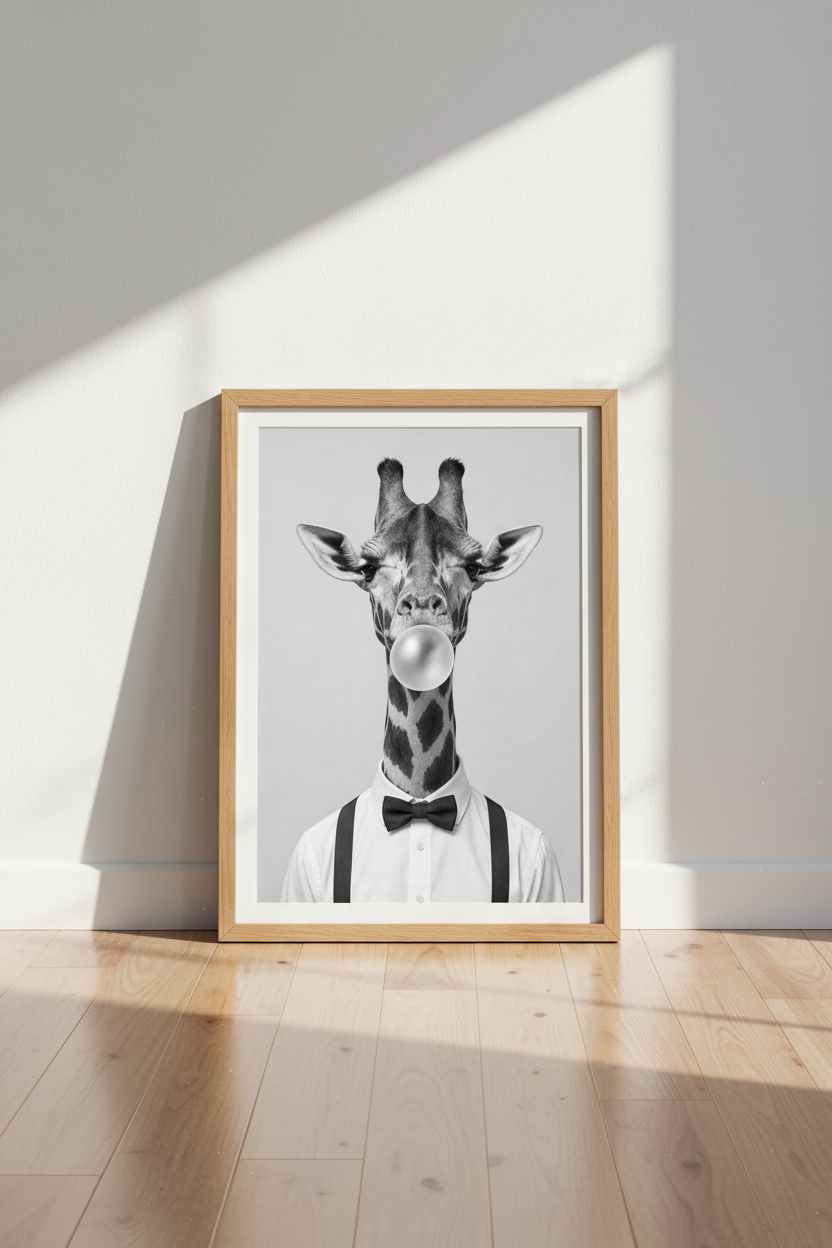 Giraffe Bubblegum Wall Art | Black and White Animal Print, Funny Nursery Decor