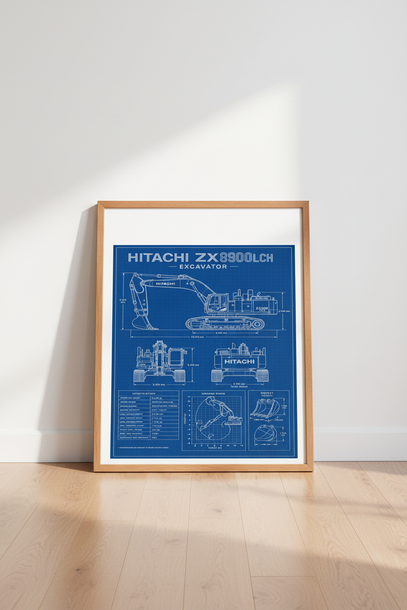 Hitachi Excavator Blueprint Wall Art | Office Decor | Industrial Construction Poster