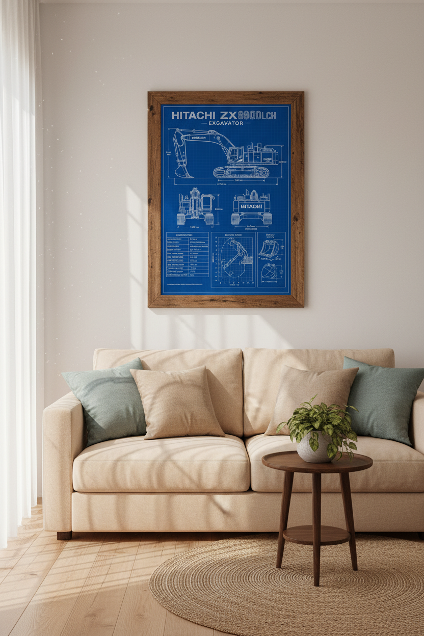 Hitachi Excavator Blueprint Wall Art | Office Decor | Industrial Construction Poster