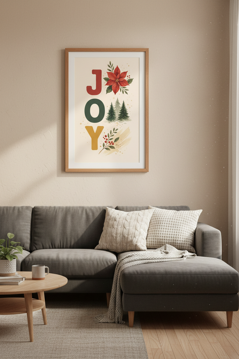 Joy Christmas Wall Art | Watercolor Botanical Poinsettia, Holiday Decor