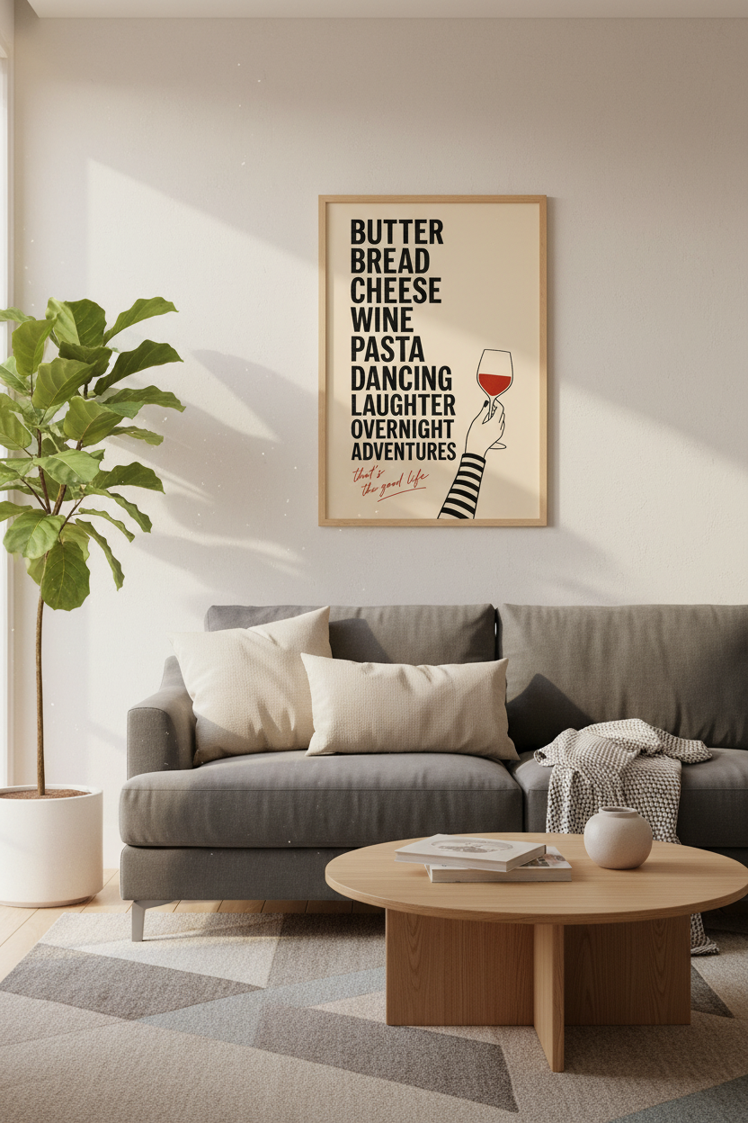 Modern Kitchen Wall Art Print | Wine and Food Typography Decor | Minimalist Poster