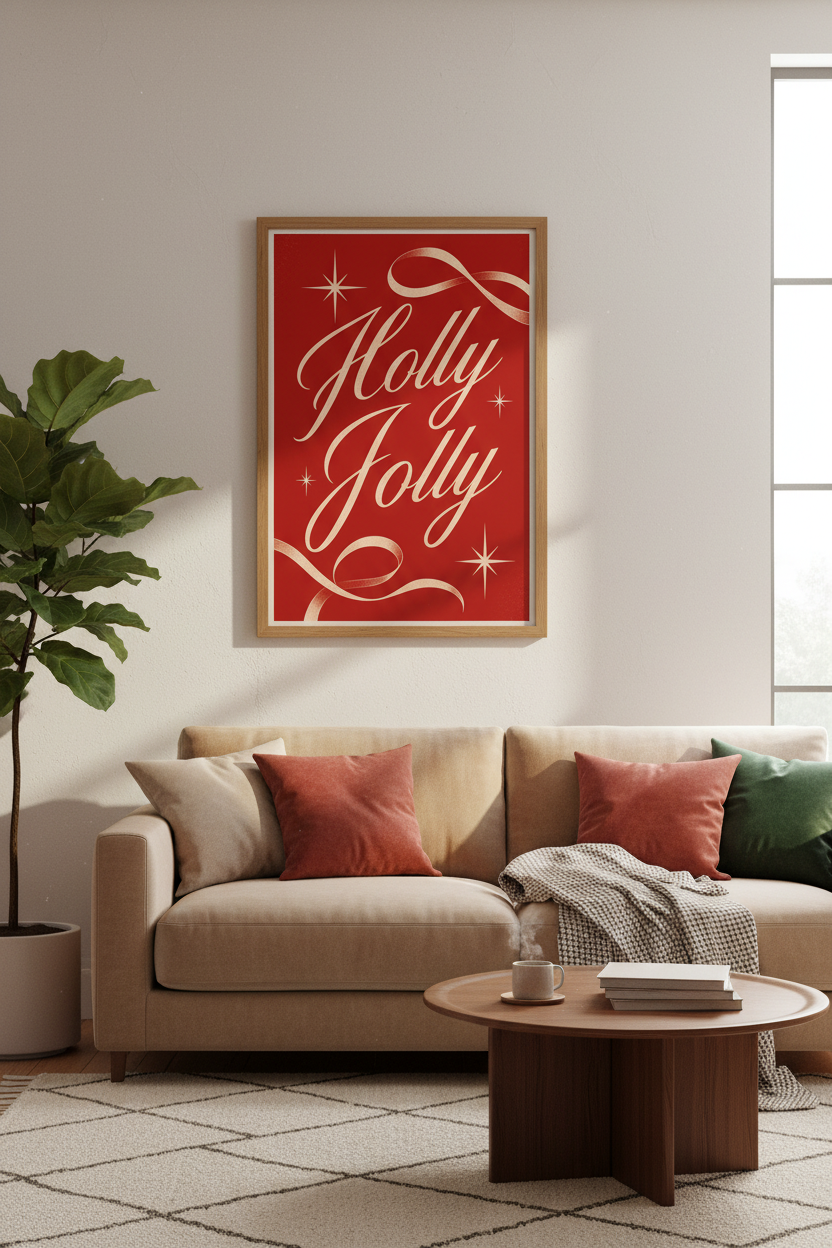 Holly Jolly Christmas Wall Art | Red Festive Typography Poster | Holiday Room Decor