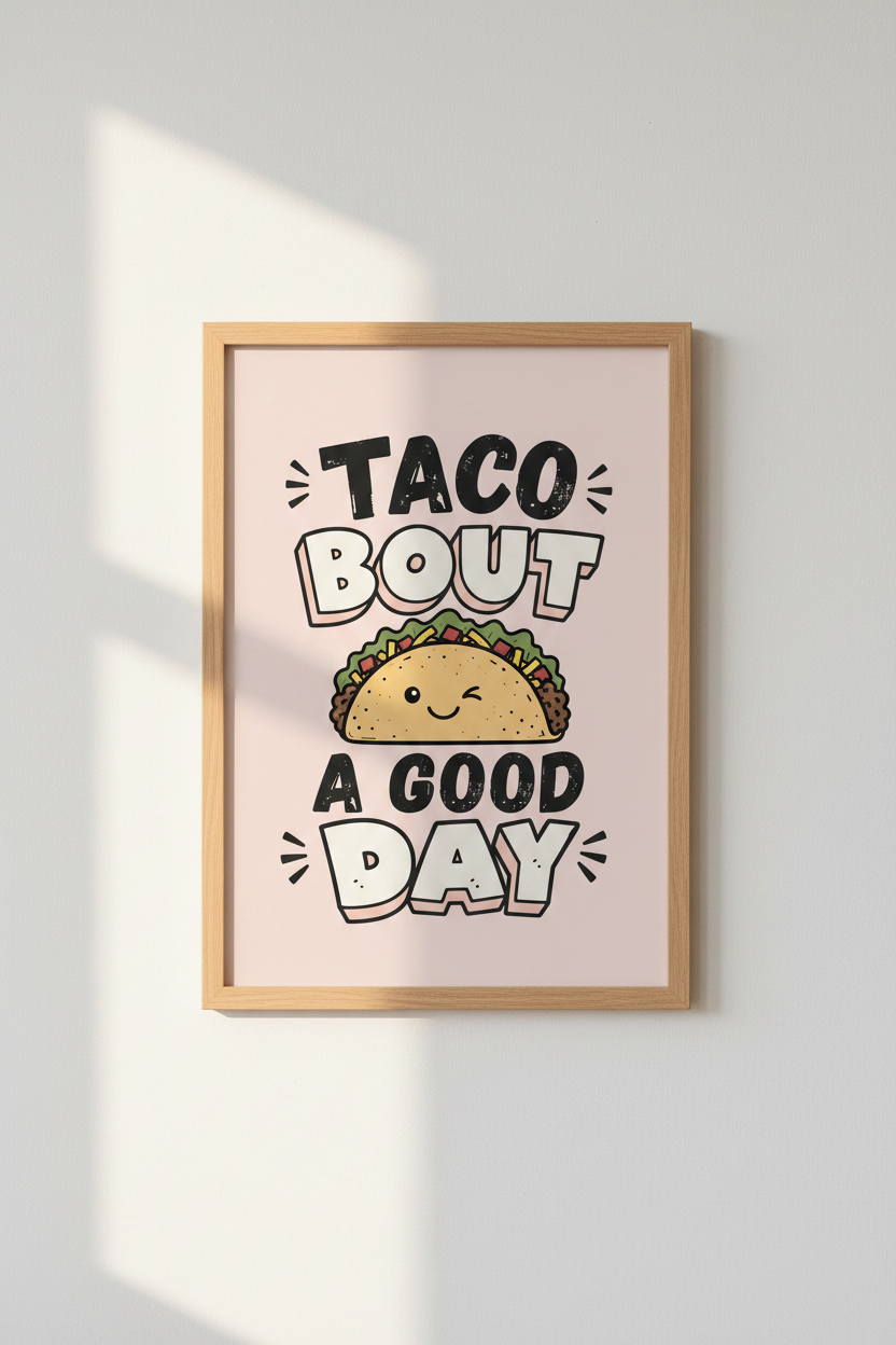 Funny Taco Wall Art Print | Cute Kitchen Decor | Retro Pink Foodie Poster