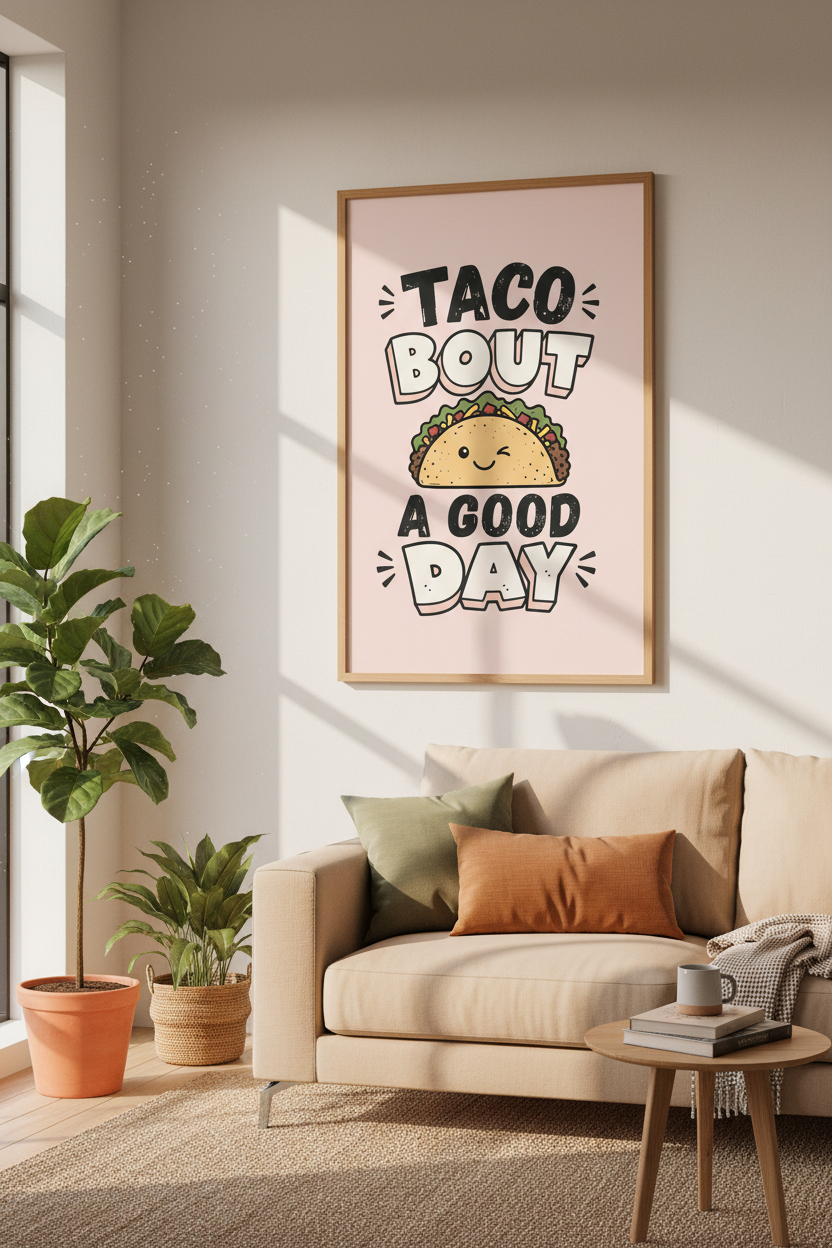 Funny Taco Wall Art Print | Cute Kitchen Decor | Retro Pink Foodie Poster