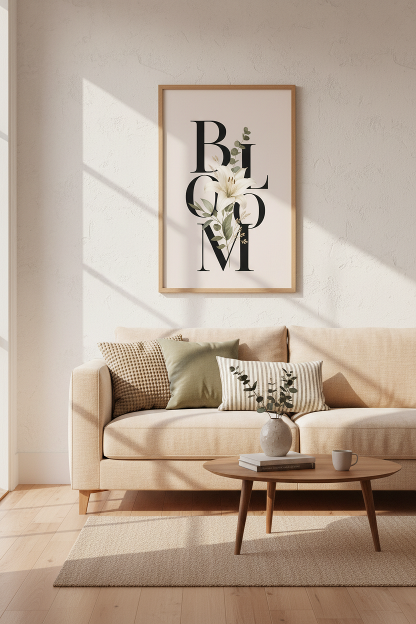 Botanical Bloom Typography Art | White Lily Floral Poster, Modern Living Room Decor