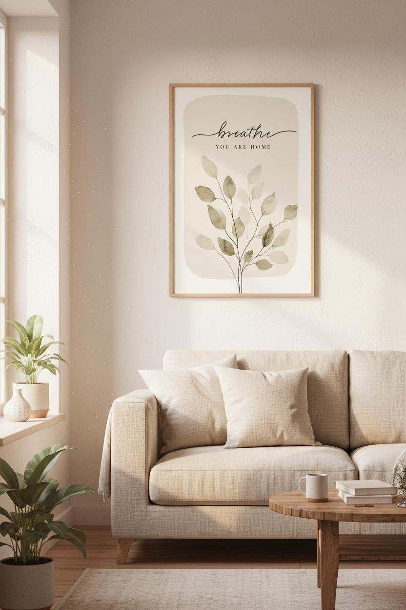 Breathe You Are Home | Neutral Botanical Leaf Print, Minimalist Entryway Decor