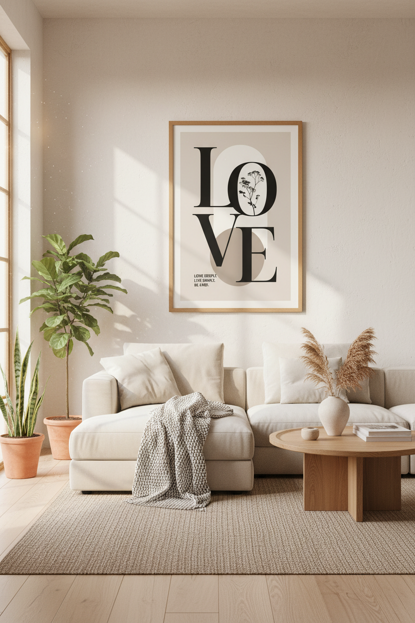 Love Typography Wall Art | Minimalist Botanical Poster, Neutral Bedroom Decor