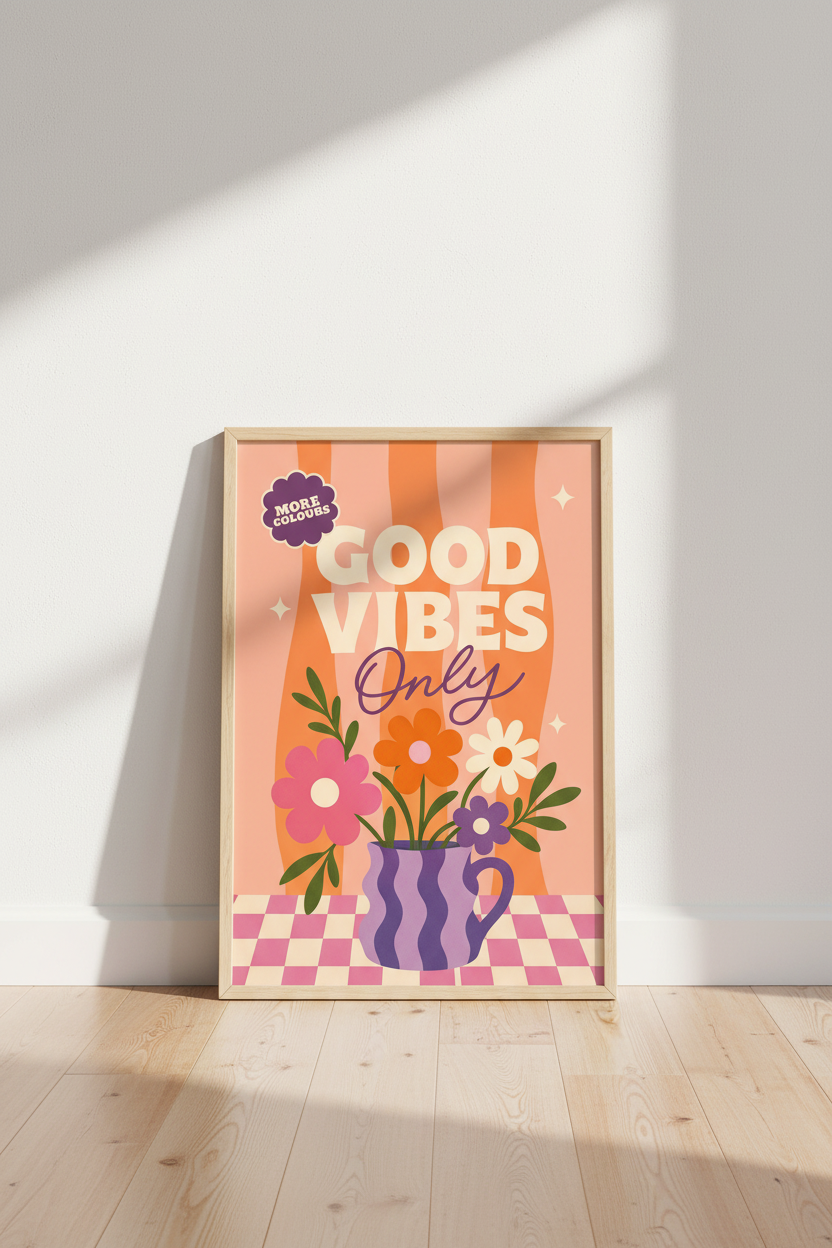 Good Vibes Only Floral Print | Retro Groovy Orange Pink Poster, Danish Pastel Decor
