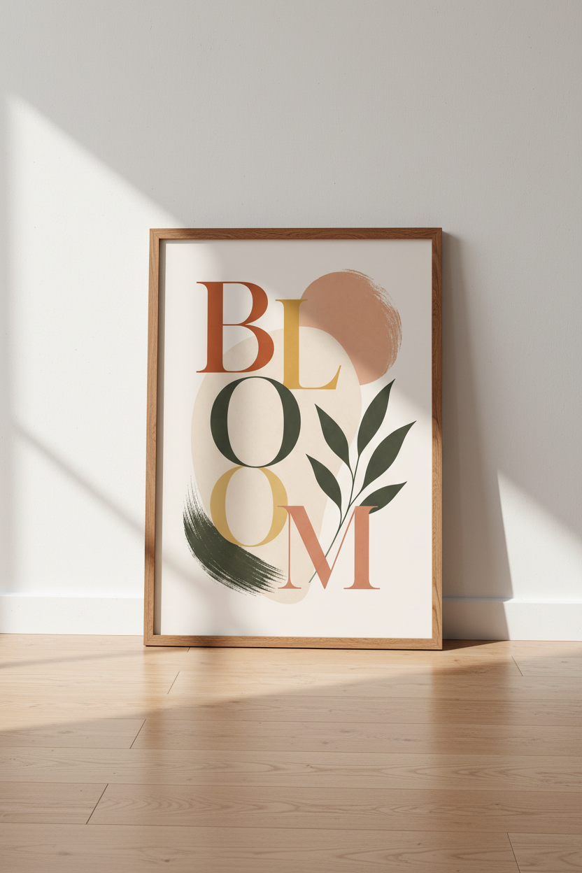 Bloom Typography Wall Art | Boho Earth Tone Botanical Poster | Modern Living Room Decor