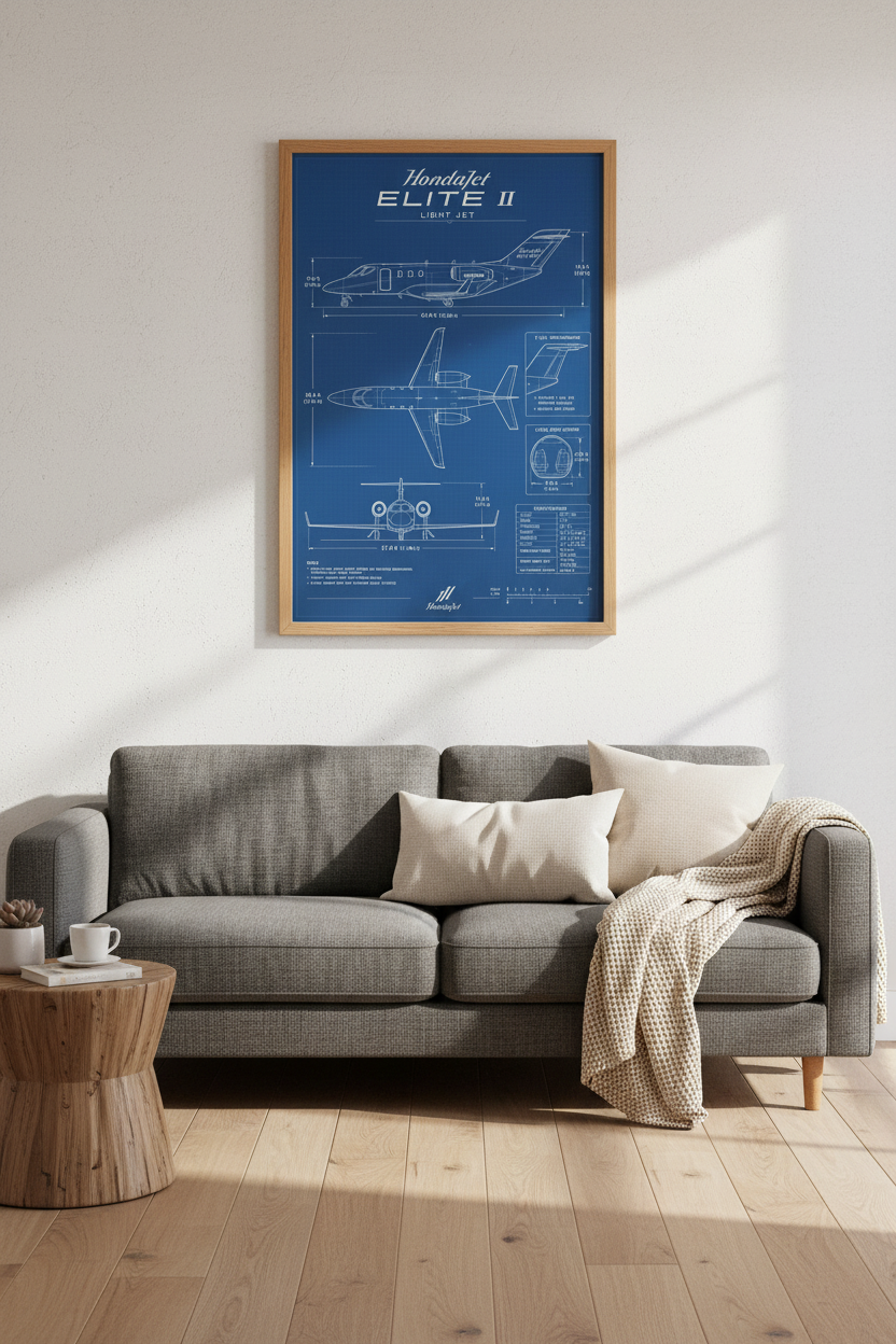 HondaJet Elite II Blueprint Wall Art | Aviation Office Decor | Plane Technical Poster