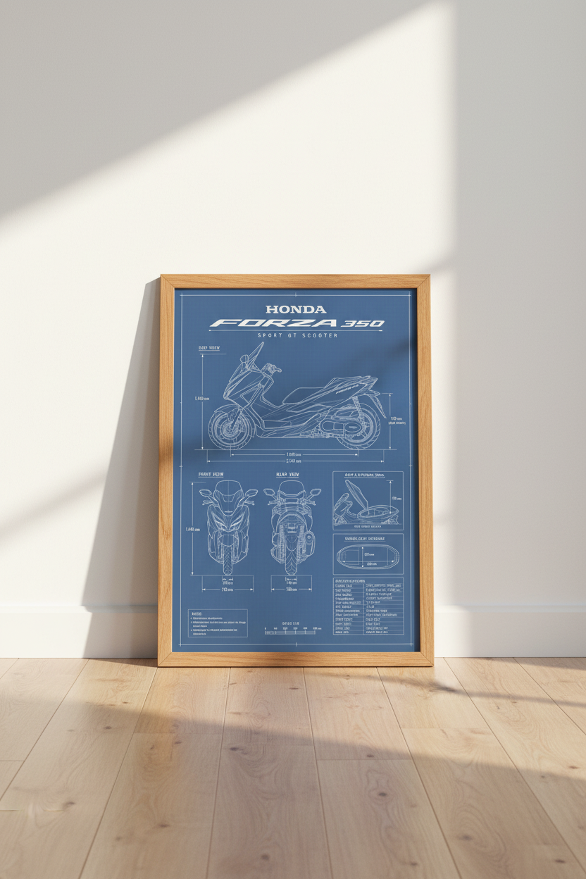 Honda Forza 350 Blueprint Art | Blue Technical Drawing Scooter Poster, Garage Decor