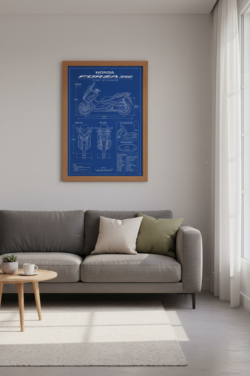 Honda Forza 350 Blueprint Art | Blue Technical Drawing Scooter Poster, Garage Decor