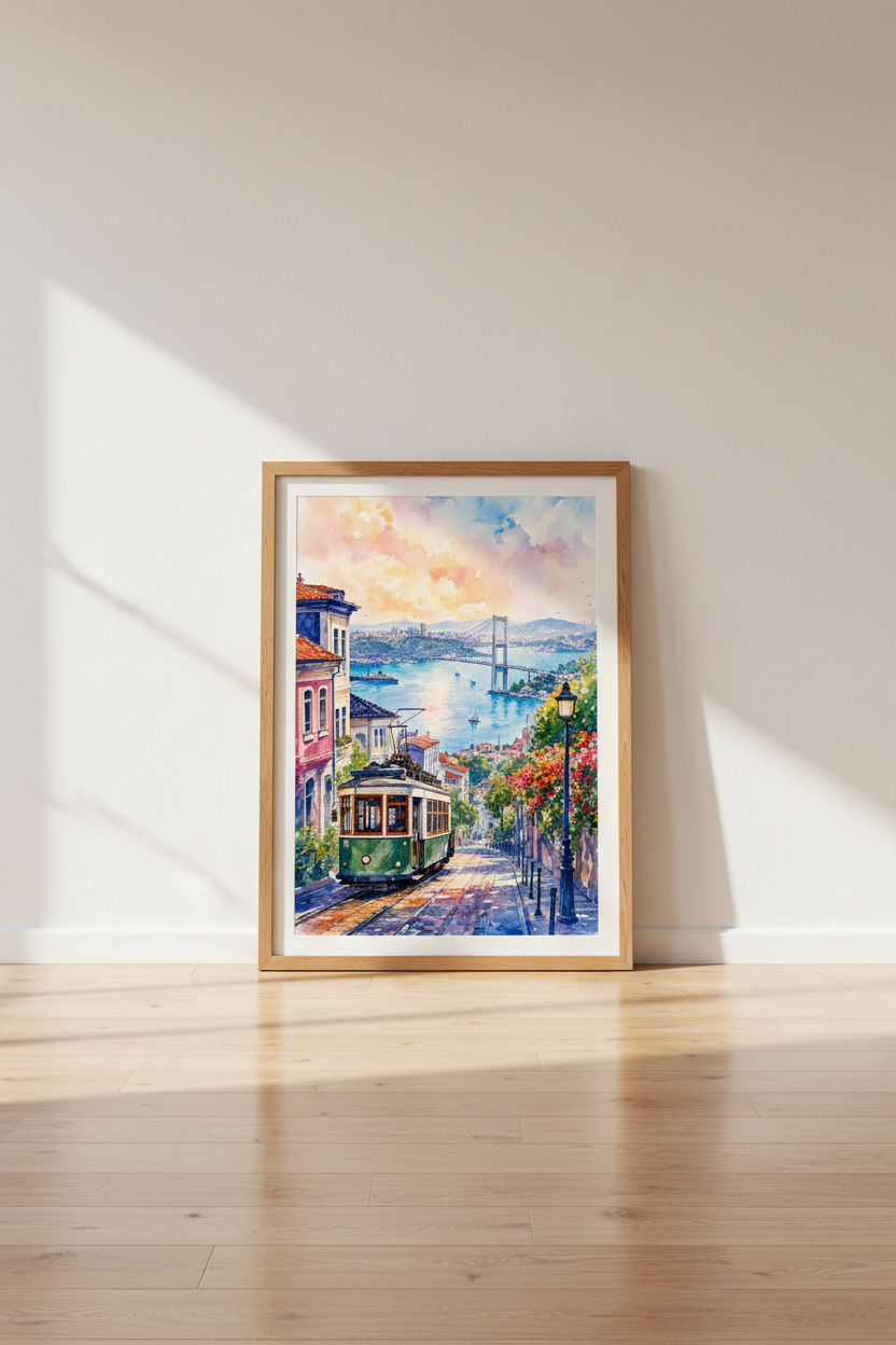 Istanbul Landscape | Watercolor Tram & Bridge Print, Turkey City Travel Poster