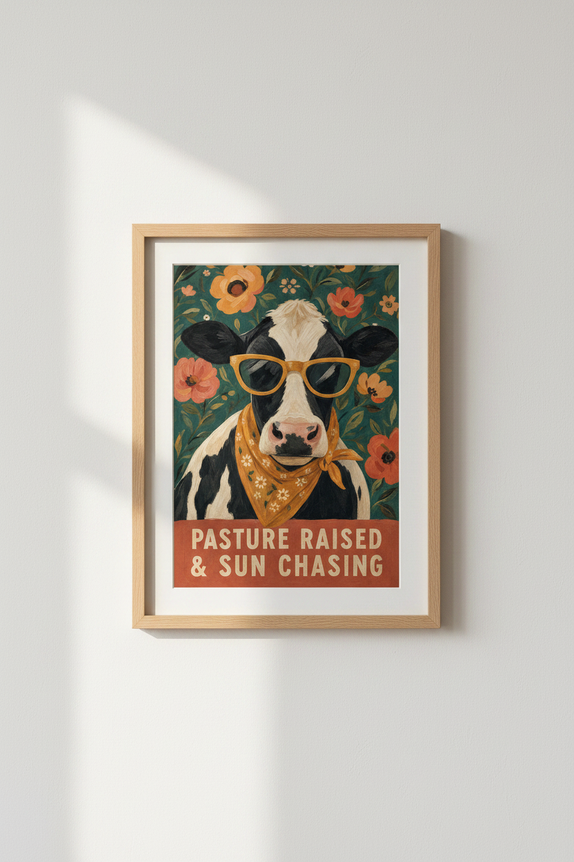 Fun Cow Wall Art Print | Farmhouse Floral Poster, Quirky Kitchen Decor