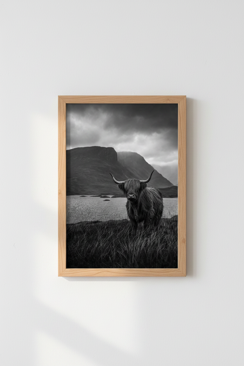 Highland Cow Art Print | Rustic Black and White Photography, Moody Farmhouse Decor