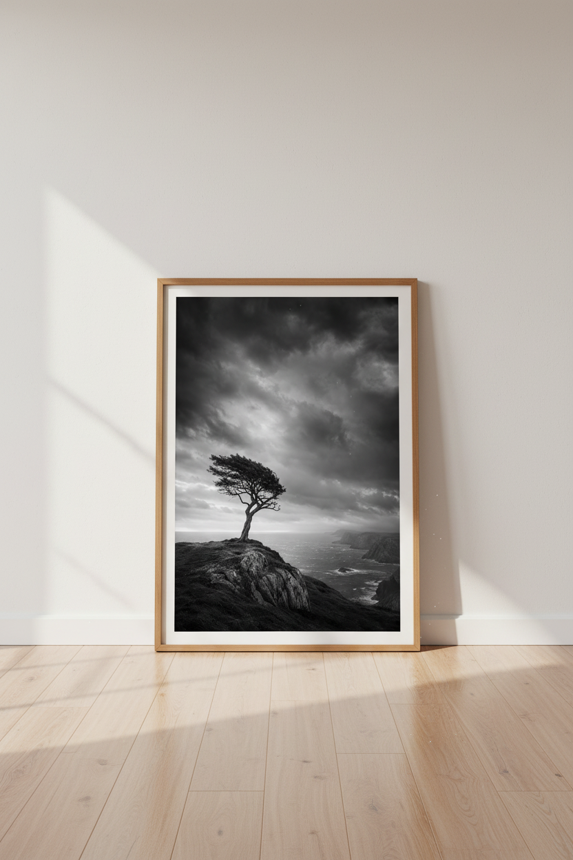 Dark Landscape Print | Moody Lone Tree, Black and White Coastal Wall Art