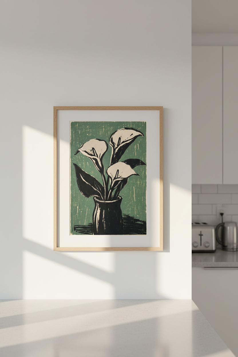 Calla Lily Wall Art | Linocut Botanical Print, Living Room Decor | Sage Poster