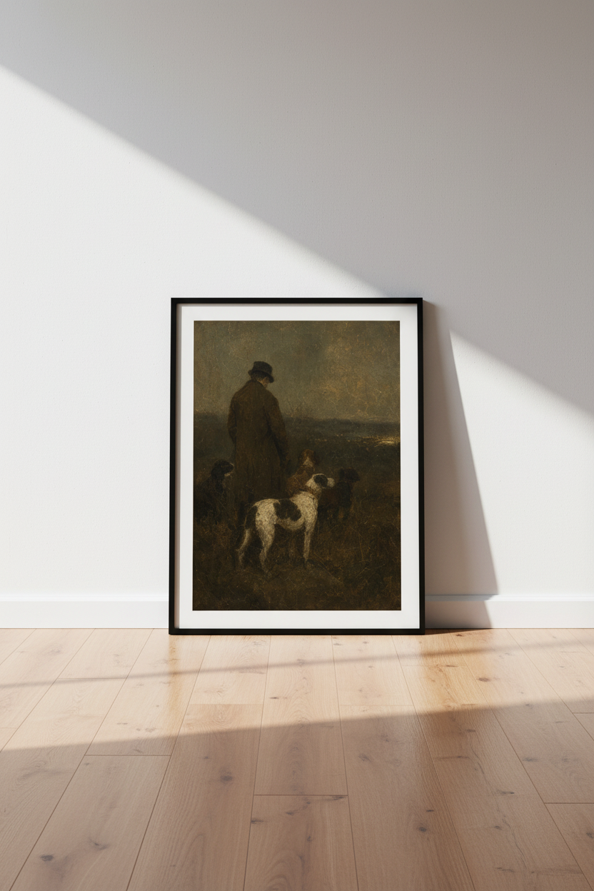 Vintage Hunter & Hounds Oil Painting | Moody Earth Tones, Antique Study Wall Art