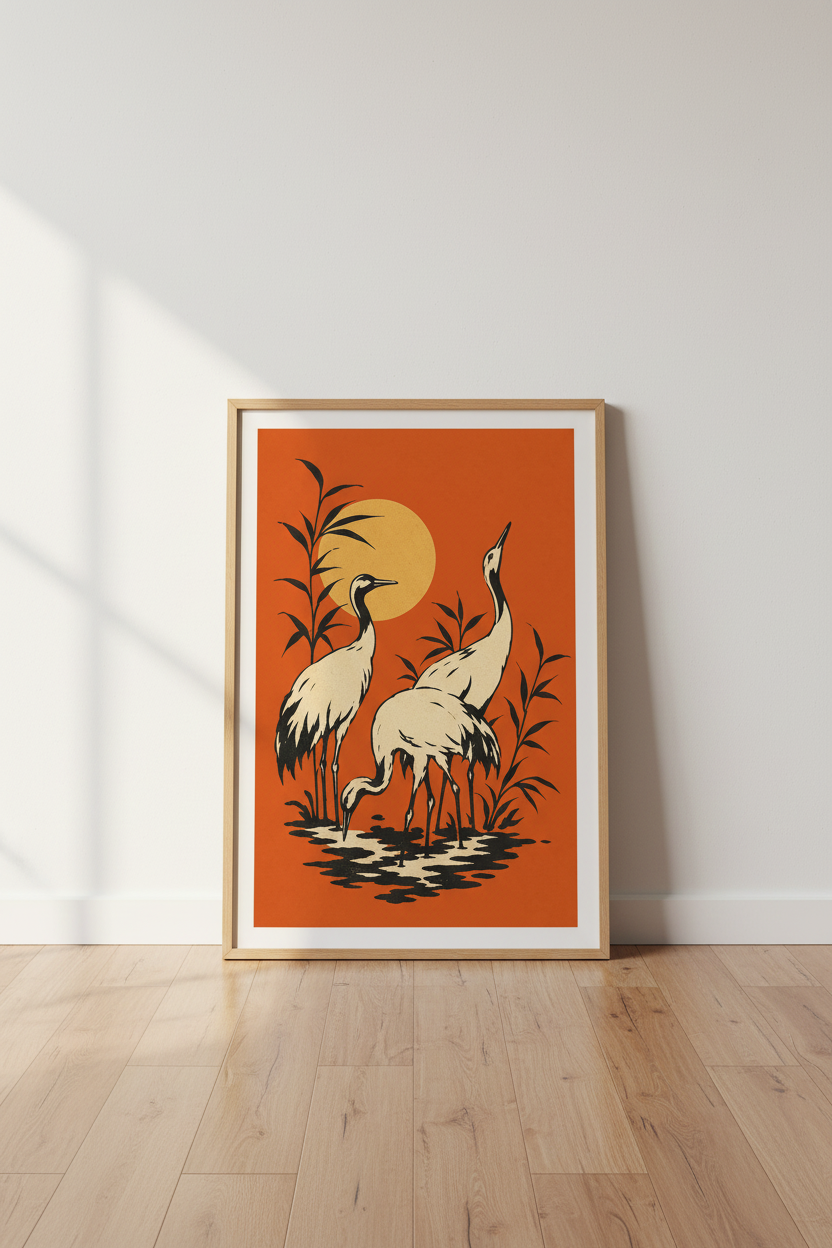 Japanese Crane Wall Art Print | Mid-Century Modern Orange Sunset | Japandi Bird Poster