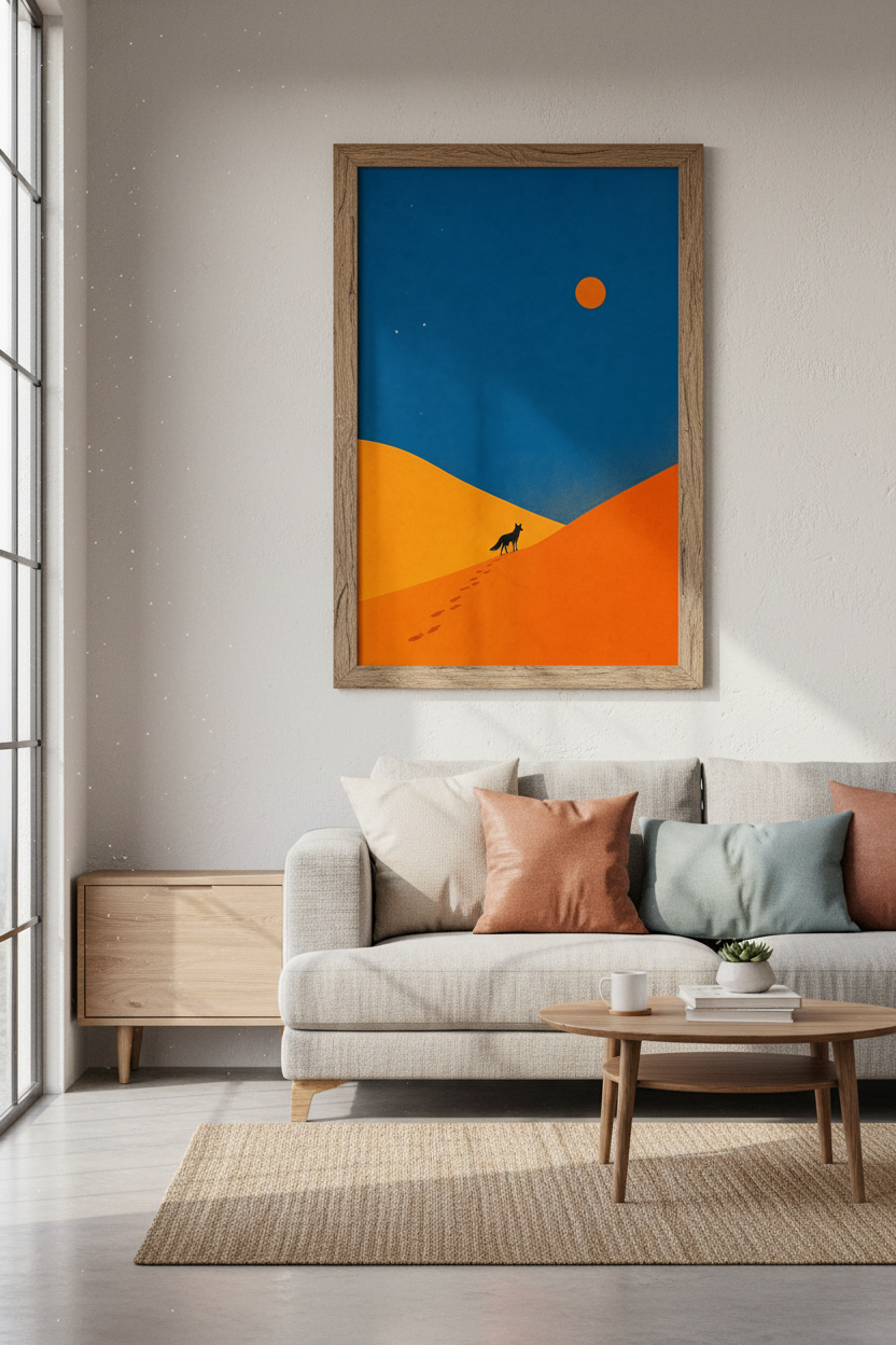 Minimalist Fox Desert Wall Art | Orange & Blue Landscape, Modern Home Decor