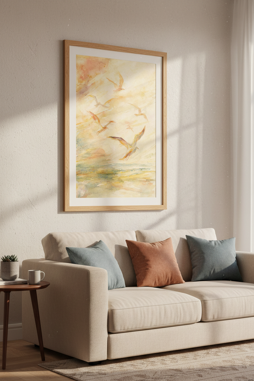 Seagulls at Sunset Watercolor | Coastal Bird Wall Art, Beach House Decor