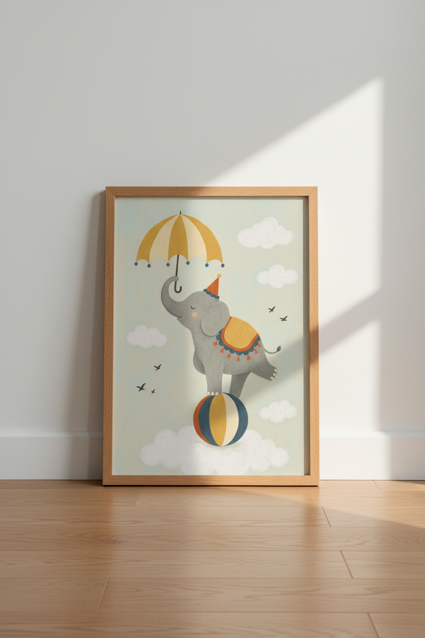 Circus Elephant Wall Art | Whimsical Nursery Decor, Gender Neutral Animal Poster