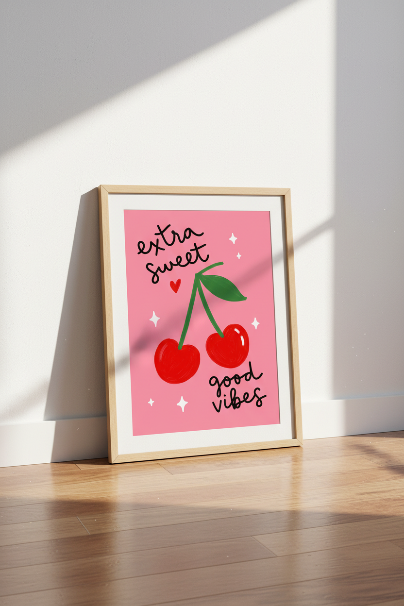 Preppy Cherry Wall Art | Pink Heart Cherry Poster, Trendy Dorm & Bedroom Decor