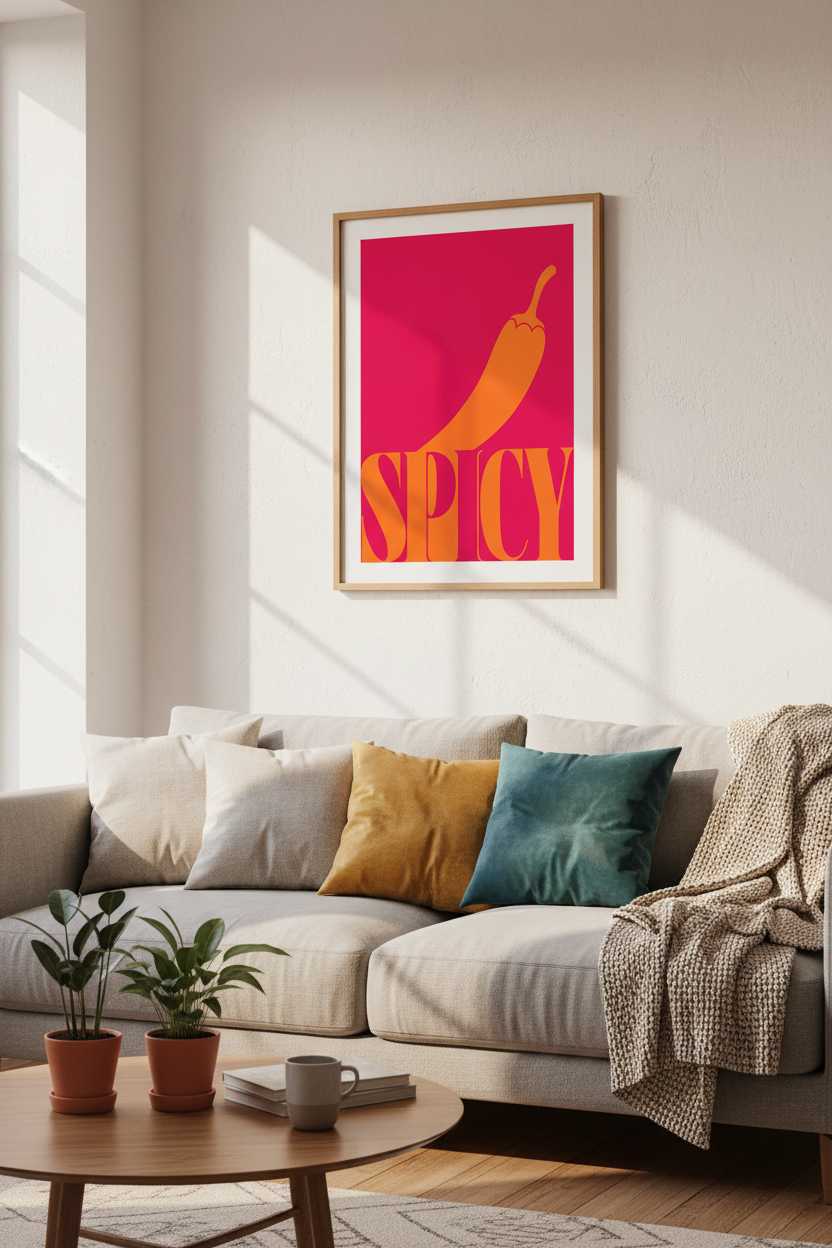 Spicy Food Art Print | Bold Pink & Orange Chili Poster, Kitchen Wall Decor