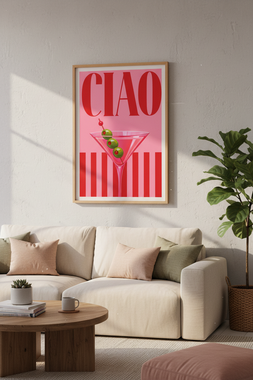Pink Cocktail Wall Art Print | Modern Bar Cart Decor | Ciao Martini Poster