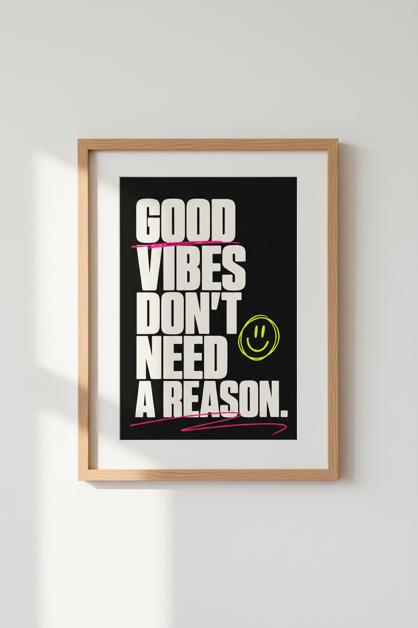 Good Vibes Quote Wall Art Print | Black & Neon Typography Decor | Y2K Poster