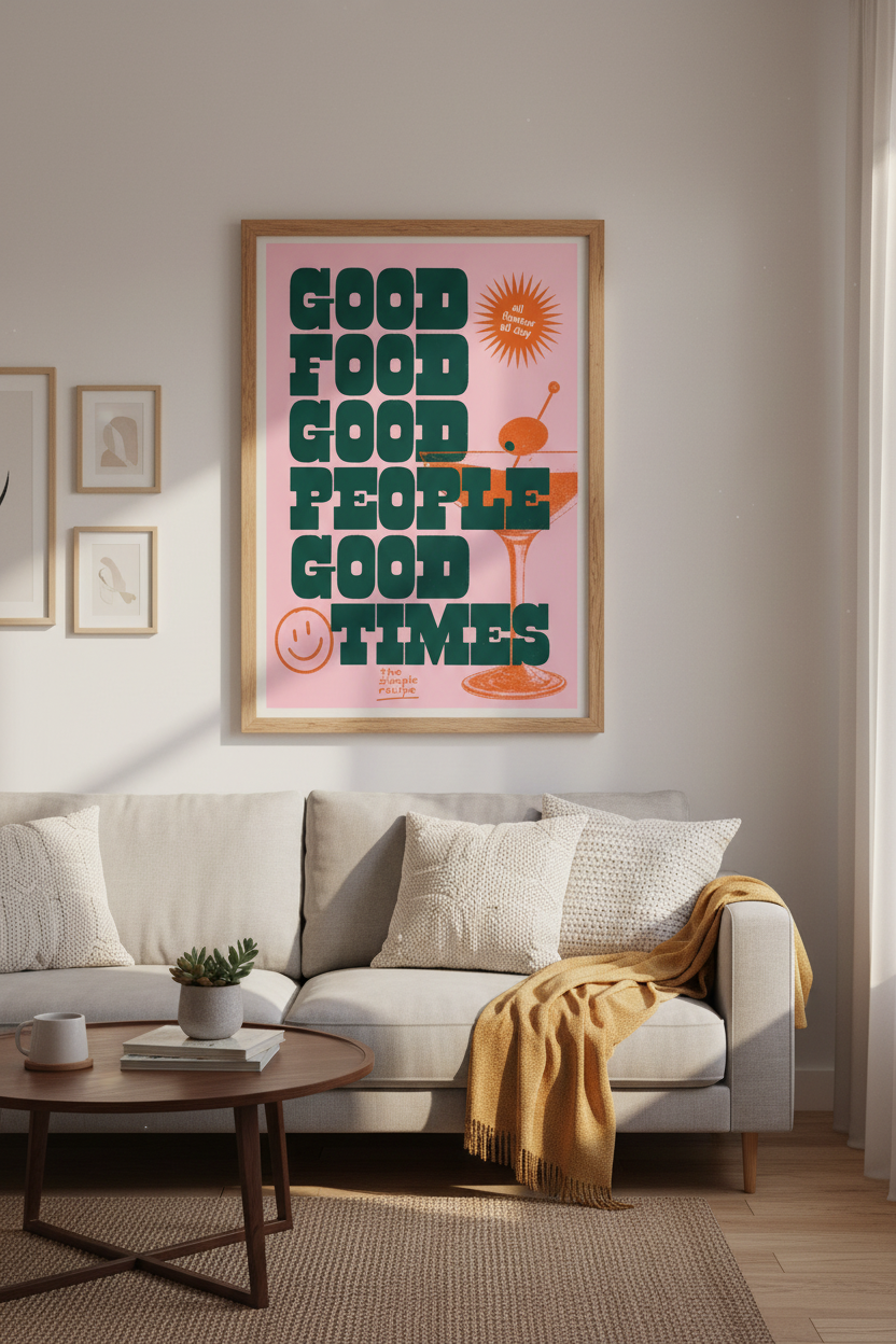 Good Food Good People Print | Retro Pink Kitchen Decor | Colorful Martini Poster