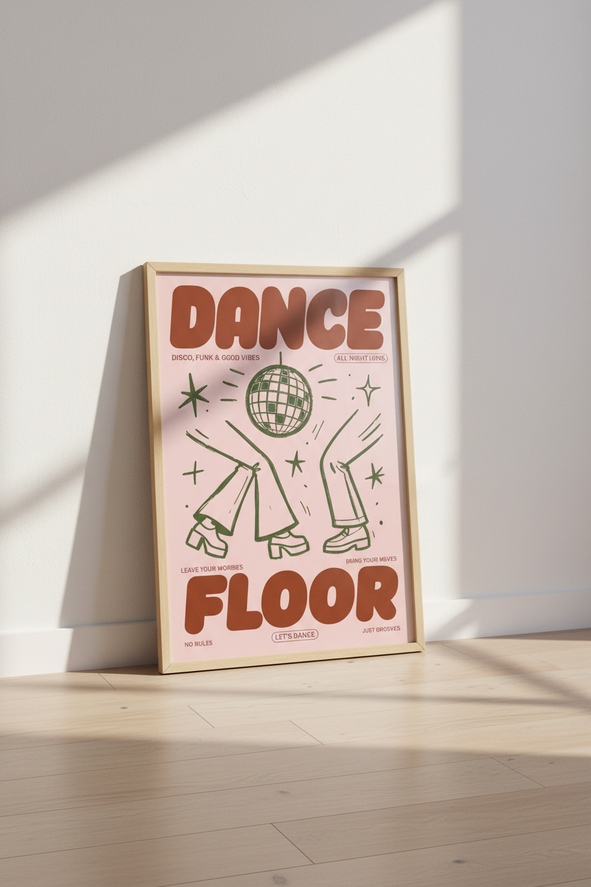Retro Disco Dance Floor Wall Art | Pink & Red 70s Decor | Funky Groovy Poster