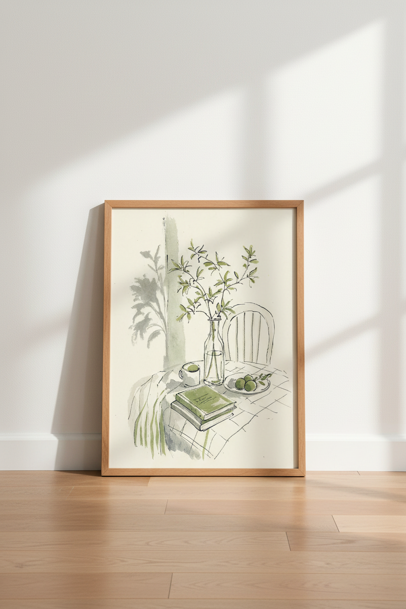 Botanical Still Life | Minimalist Sage Green Sketch, Kitchen & Office Decor