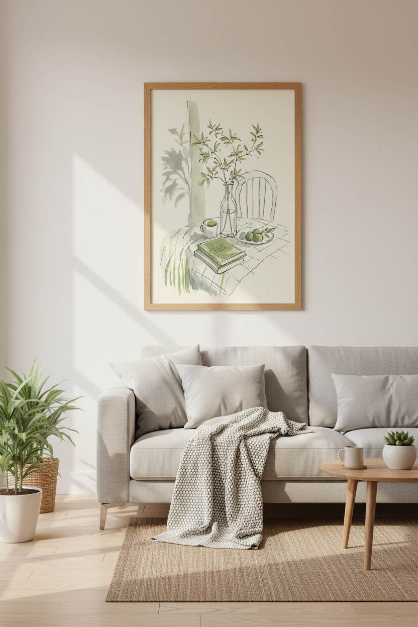 Botanical Still Life | Minimalist Sage Green Sketch, Kitchen & Office Decor