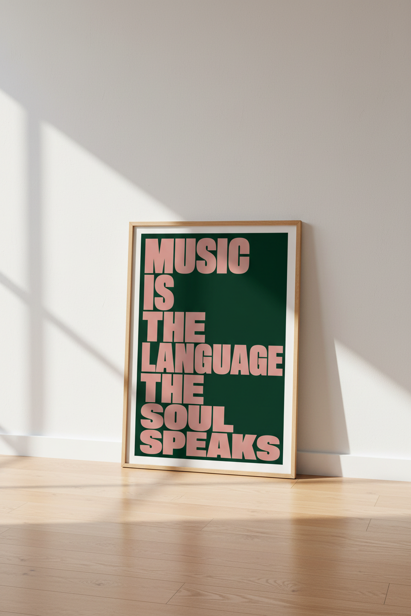 Music is the Language Typography Wall Art | Green & Pink Studio Decor | Modern Poster