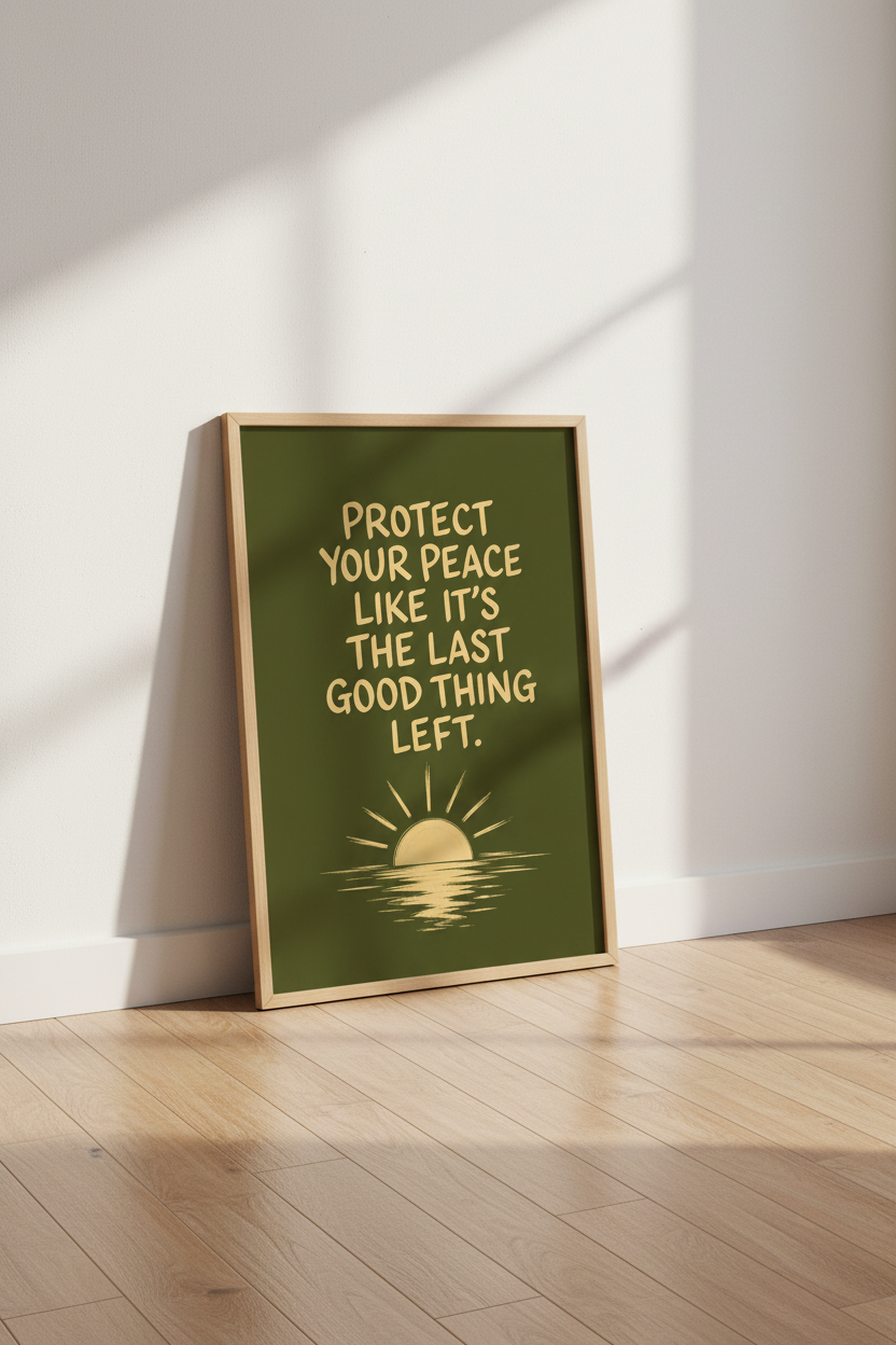Protect Your Peace Quote Wall Art | Olive Green Sun Print | Retro Aesthetic Poster