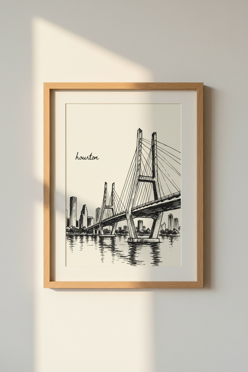Houston City Sketch | Texas Skyline Wall Art, Modern Urban Decor Poster