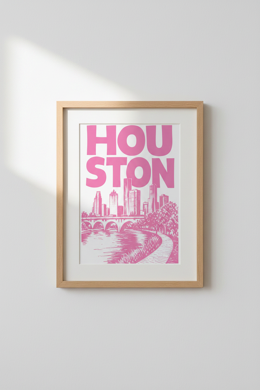 Houston Skyline Print | Pink Modern Cityscape, Texas Decor for Living Room