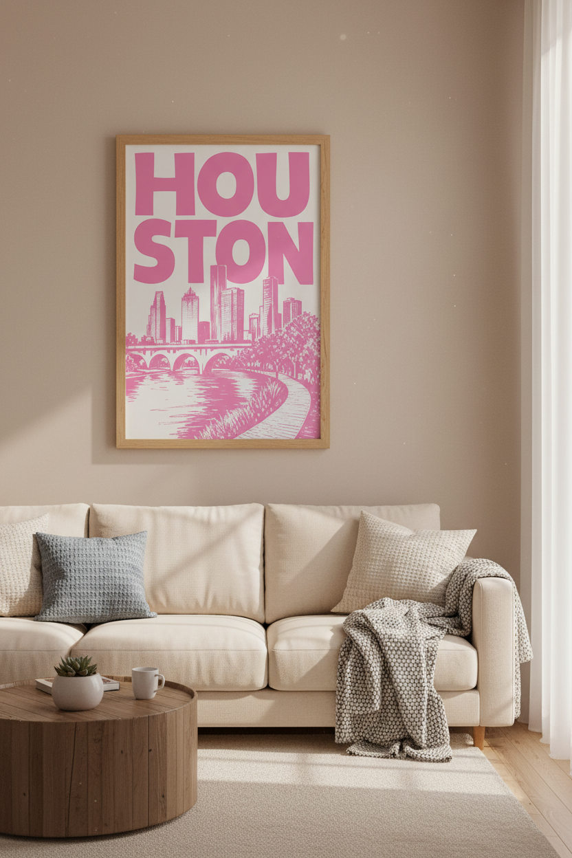 Houston Skyline Print | Pink Modern Cityscape, Texas Decor for Living Room