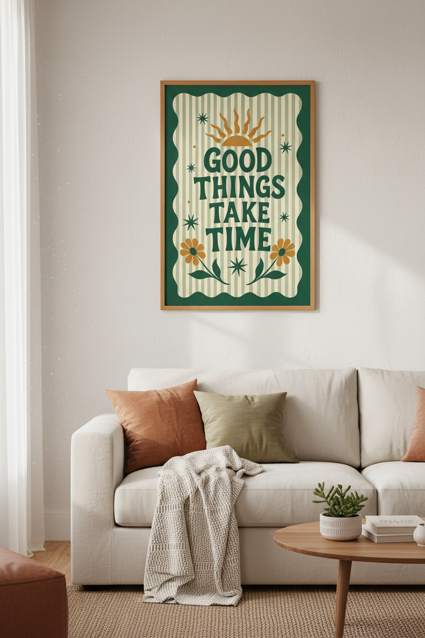 Good Things Take Time Quote | Retro Sage Green Floral, Aesthetic Boho Print