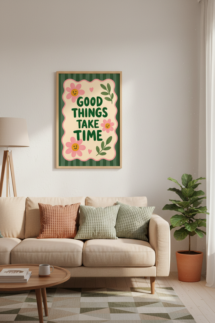 Smiley Flower Wall Art Print | Retro Floral Quote Poster, Sage Green Aesthetic