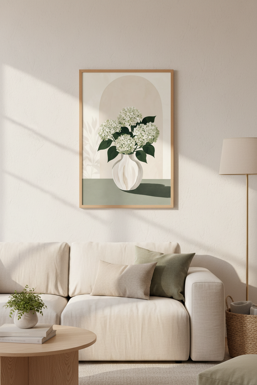 White Hydrangea Floral Wall Art | Neutral Botanical Decor, Sage Green Poster