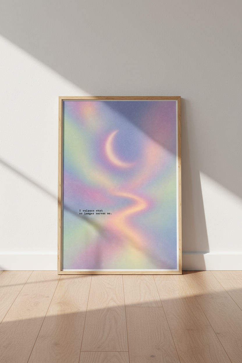 Aura Heart Moon Wall Art Print | Pastel Gradient Poster | Zen Spiritual Room Decor