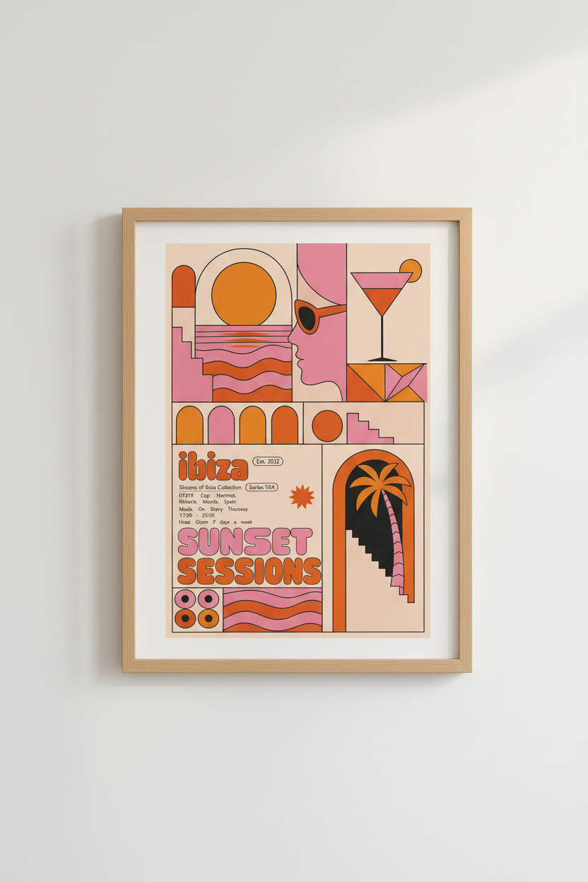 Ibiza Sunset Sessions Wall Art Print | Retro Pink Orange Decor | Geometric Poster