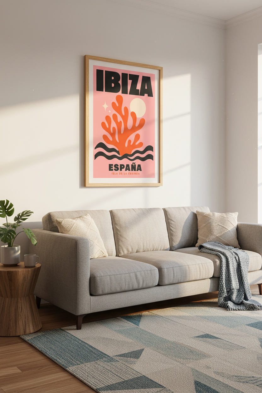 Ibiza España Wall Art | Pink Coral Retro Travel Poster | Modern Living Room Decor