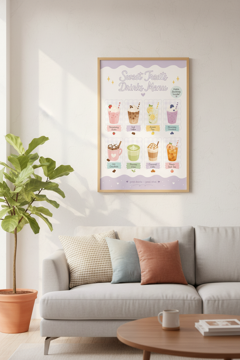 Kawaii Drinks Menu Wall Art | Pastel Kitchen Decor | Cute Beverage Poster