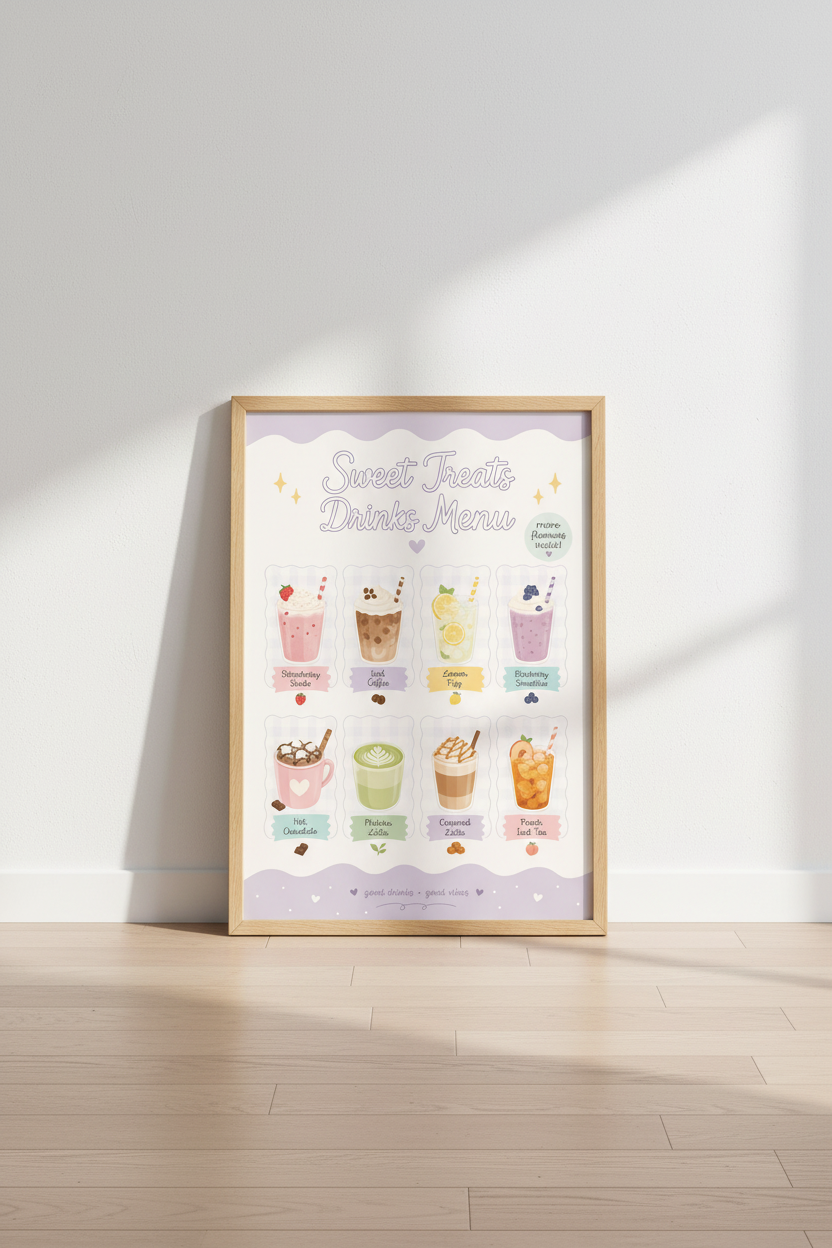 Kawaii Drinks Menu Wall Art | Pastel Kitchen Decor | Cute Beverage Poster