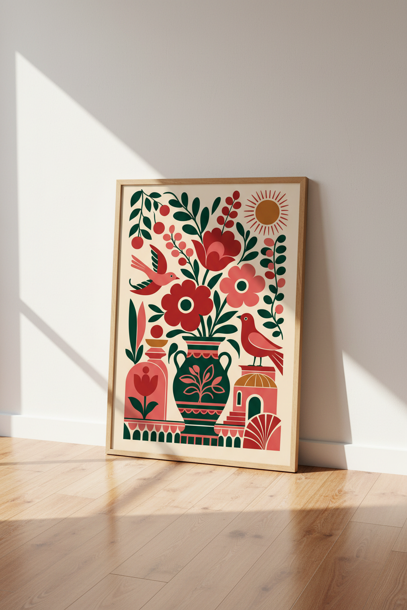 Folk Art Floral & Bird Wall Art Print | Boho Kitchen Decor | Mediterranean Poster