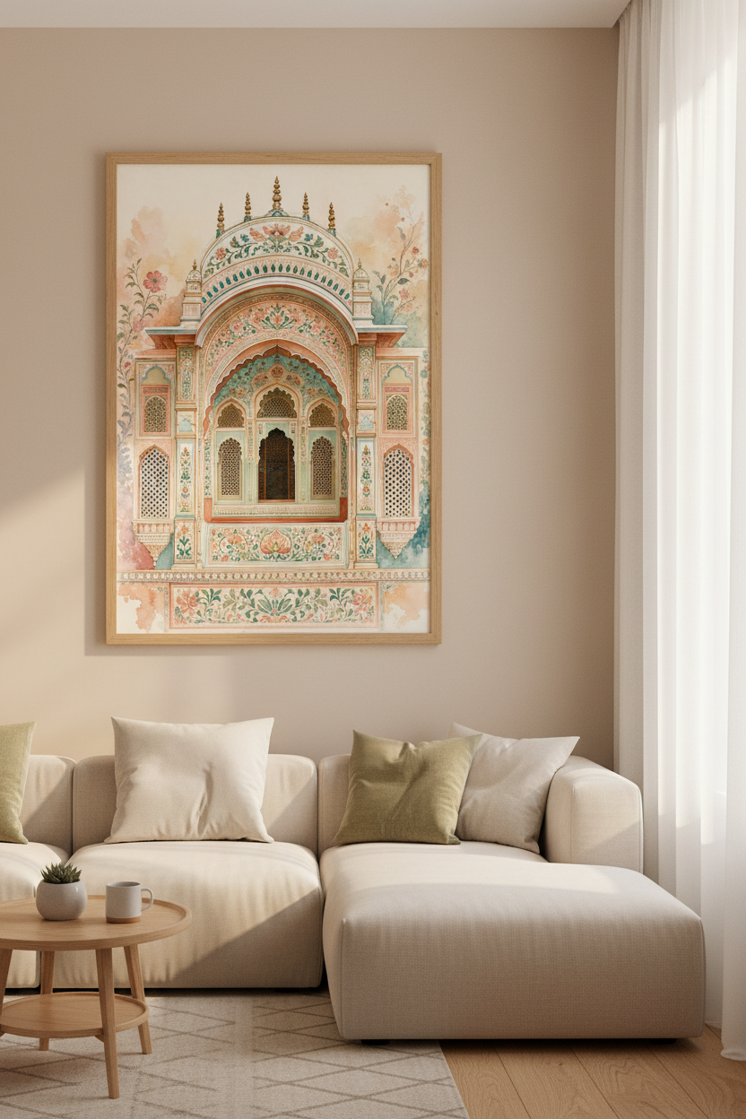 Indian Architecture Wall Art | Pastel Floral Mural, Arch Poster Print