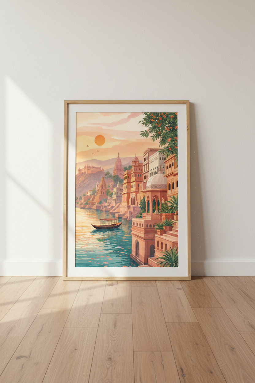 Varanasi India Landscape Art | Sunset River Watercolor, Living Room Decor